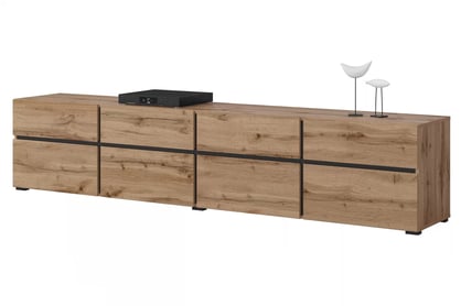 TV stolek Gramon 225 cm se zásuvkami - dub wotan / černá Skříňka RTV Cross 40 s zásuvkami 225 cm - Dub wotan / Černý