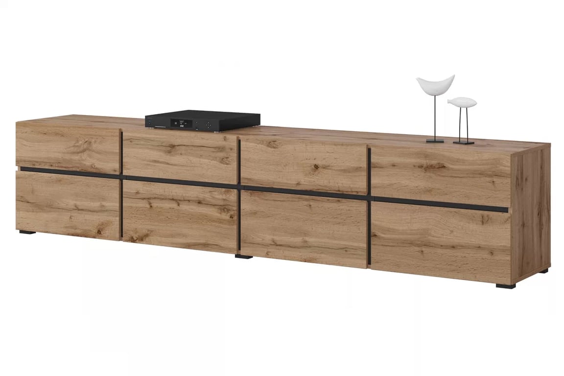 TV stolek Gramon 225 cm se zásuvkami - dub wotan / černá Skříňka RTV Cross 40 s zásuvkami 225 cm - Dub wotan / Černý