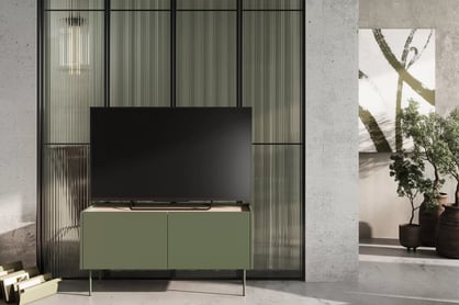 Comodă TV Desin 120 cm cu două uși și un sertar - olive / stejar nagano Dulap TV Desin 120 cm z ukryta szuflada cu picioare metalice - olive / stejar nagano