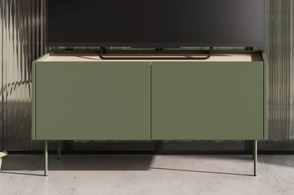 Comodă TV Desin 120 cm cu două uși și un sertar - olive / stejar nagano Dulap TV Desin 120 cm z ukryta szuflada cu picioare metalice - olive / stejar nagano