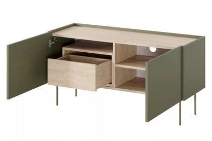 Comodă TV Desin 120 cm cu două uși și un sertar - olive / stejar nagano Dulap TV Desin 120 cm z ukryta szuflada cu picioare metalice - olive / stejar nagano