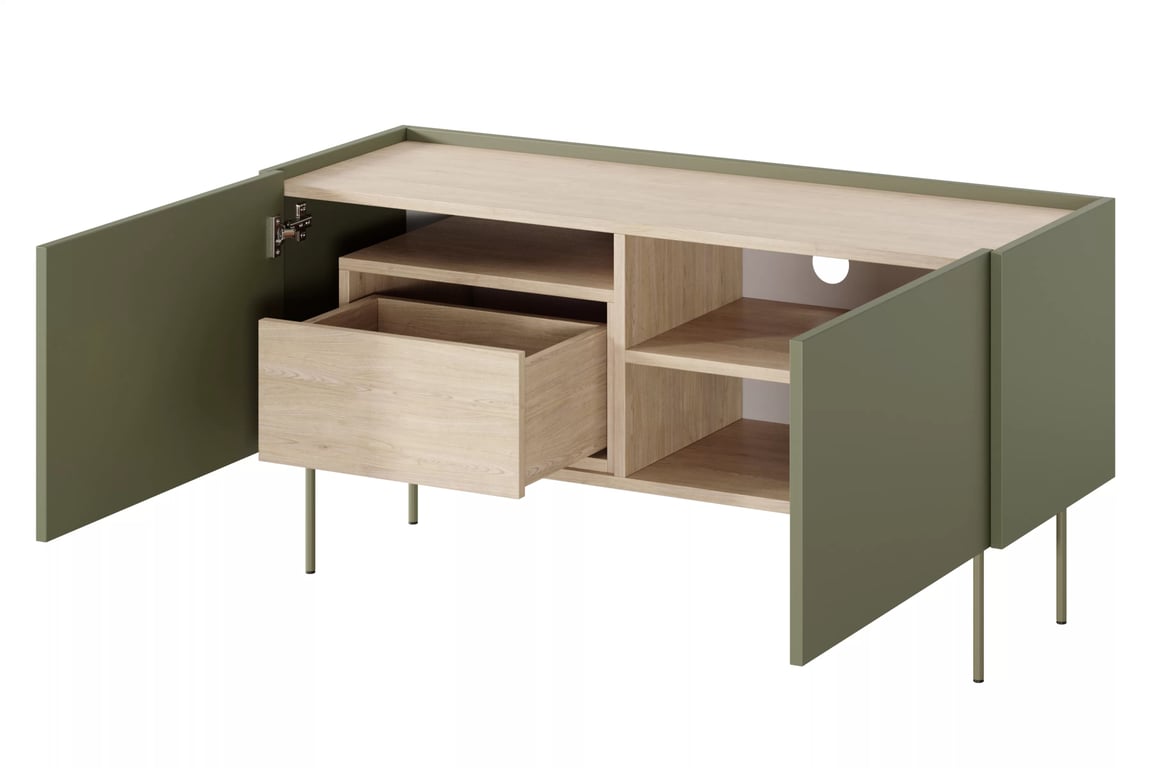 Comodă TV Desin 120 cm cu două uși și un sertar - olive / stejar nagano Dulap TV Desin 120 cm z ukryta szuflada cu picioare metalice - olive / stejar nagano