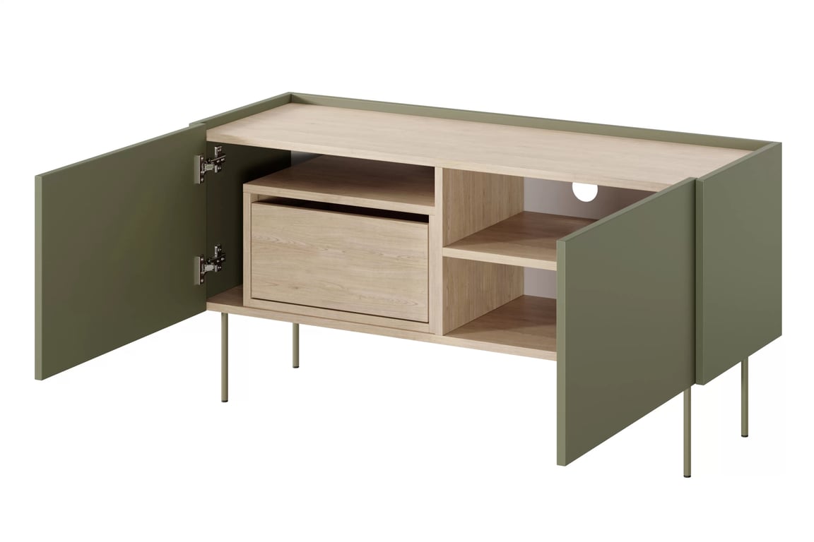 Comodă TV Desin 120 cm cu două uși și un sertar - olive / stejar nagano Dulap TV Desin 120 cm z ukryta szuflada cu picioare metalice - olive / stejar nagano