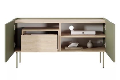 Comodă TV Desin 120 cm cu două uși și un sertar - olive / stejar nagano Dulap TV Desin 120 cm z ukryta szuflada cu picioare metalice - olive / stejar nagano