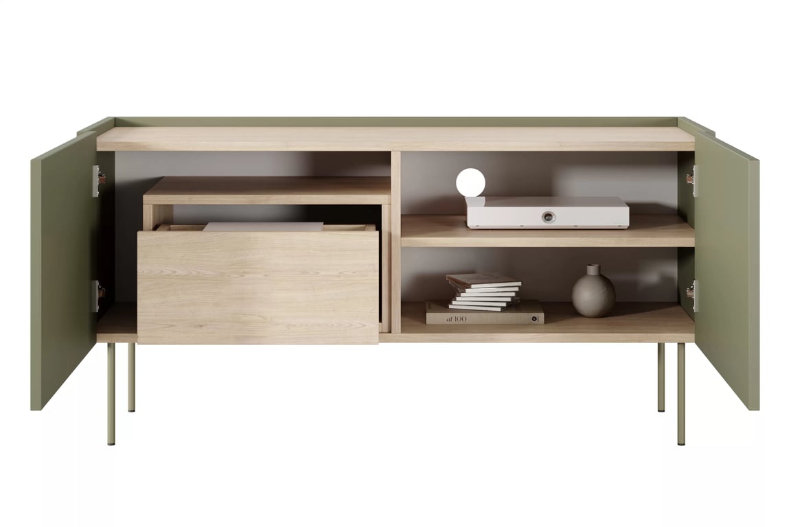 Comodă TV Desin 120 cm cu două uși și un sertar - olive / stejar nagano Dulap TV Desin 120 cm z ukryta szuflada cu picioare metalice - olive / stejar nagano