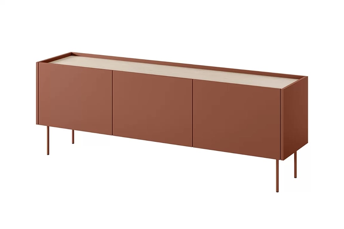 Comodă TV cu trei uși și un sertar Desin 170 3U1S - roșu ceramic / Stejar nagano Dulap TV Desin 170 cm z ukryta szuflada cu picioare metalice - roșu / ceramic red / stejar nagano