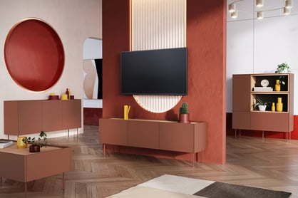 Comodă TV cu trei uși și un sertar Desin 170 3U1S - roșu ceramic / Stejar nagano Dulap TV Desin 170 cm z ukryta szuflada cu picioare metalice - roșu / ceramic red / stejar nagano