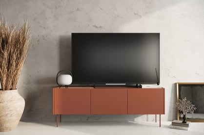 Comodă TV cu trei uși și un sertar Desin 170 3U1S - roșu ceramic / Stejar nagano Dulap TV Desin 170 cm z ukryta szuflada cu picioare metalice - roșu / ceramic red / stejar nagano
