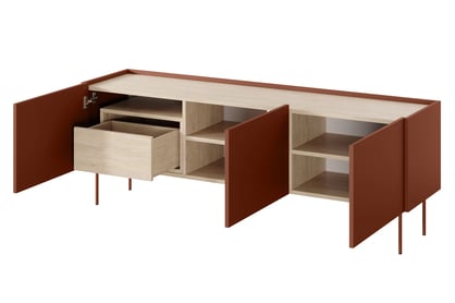 Comodă TV cu trei uși și un sertar Desin 170 3U1S - roșu ceramic / Stejar nagano Dulap TV Desin 170 cm z ukryta szuflada cu picioare metalice - roșu / ceramic red / stejar nagano