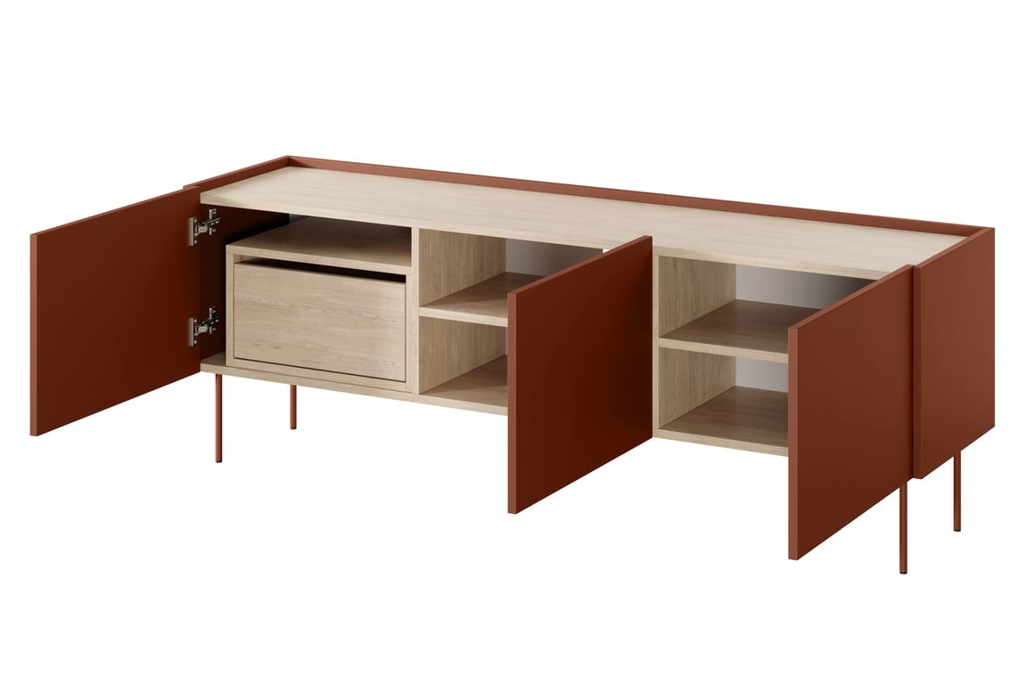 Comodă TV cu trei uși și un sertar Desin 170 3U1S - roșu ceramic / Stejar nagano Dulap TV Desin 170 cm z ukryta szuflada cu picioare metalice - roșu / ceramic red / stejar nagano