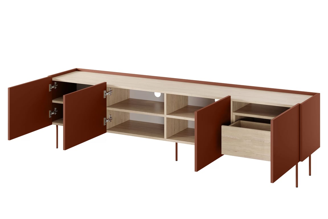 Desin 220 4D1SZ négyajtós TV-szekrény polccal - kerámia vörös / nagano-tölgy TV-szekrény Desin 220 cm  z ukryta szuflada fém lábakon - kerámia vörös / dab nagano