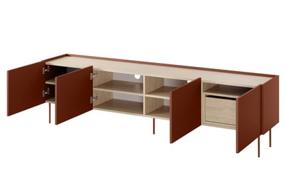Desin 220 4D1SZ négyajtós TV-szekrény polccal - kerámia vörös / nagano-tölgy TV-szekrény Desin 220 cm  z ukryta szuflada fém lábakon - kerámia vörös / dab nagano