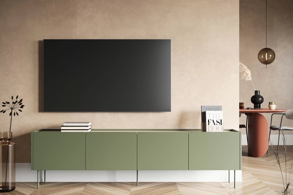 Comodă TV cu patru uși și un sertar Desin 220 4U1S - olive / Stejar nagano Dulap TV Desin 220 cm  z ukryta szuflada pe bază de metal - olive / stejar nagano