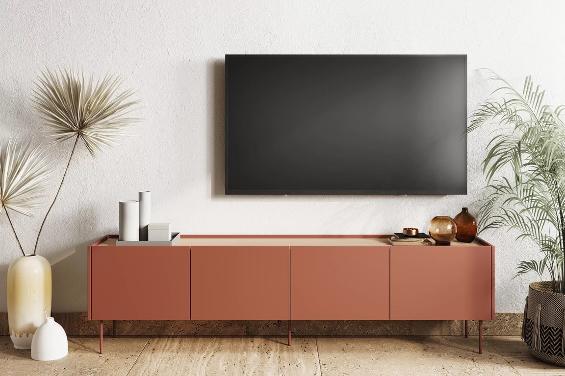 Desin négyajtós TV-szekrény két fiókkal 220 4D2SZ - kerámia vörös / nagano-tölgy TV-szekrény Desin 220 cm z 2 ukrytymi fiokok - czerwony / kerámia vörös / dab nagano