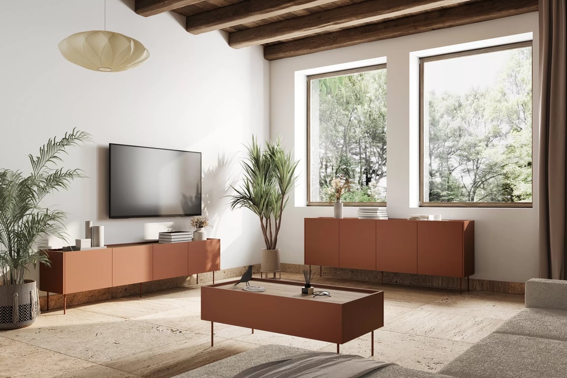Dulap TV Desin 220 cm cu picioare metalice - ceramica rosu / stejar nagano Dulap TV Desin 220 cm z metalowymi nogami - ceramic red / stejar nagano