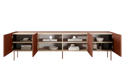 Dulap TV Desin 220 cm cu picioare metalice - ceramica rosu / stejar nagano Dulap TV Desin 220 cm z metalowymi nogami - ceramic red / stejar nagano