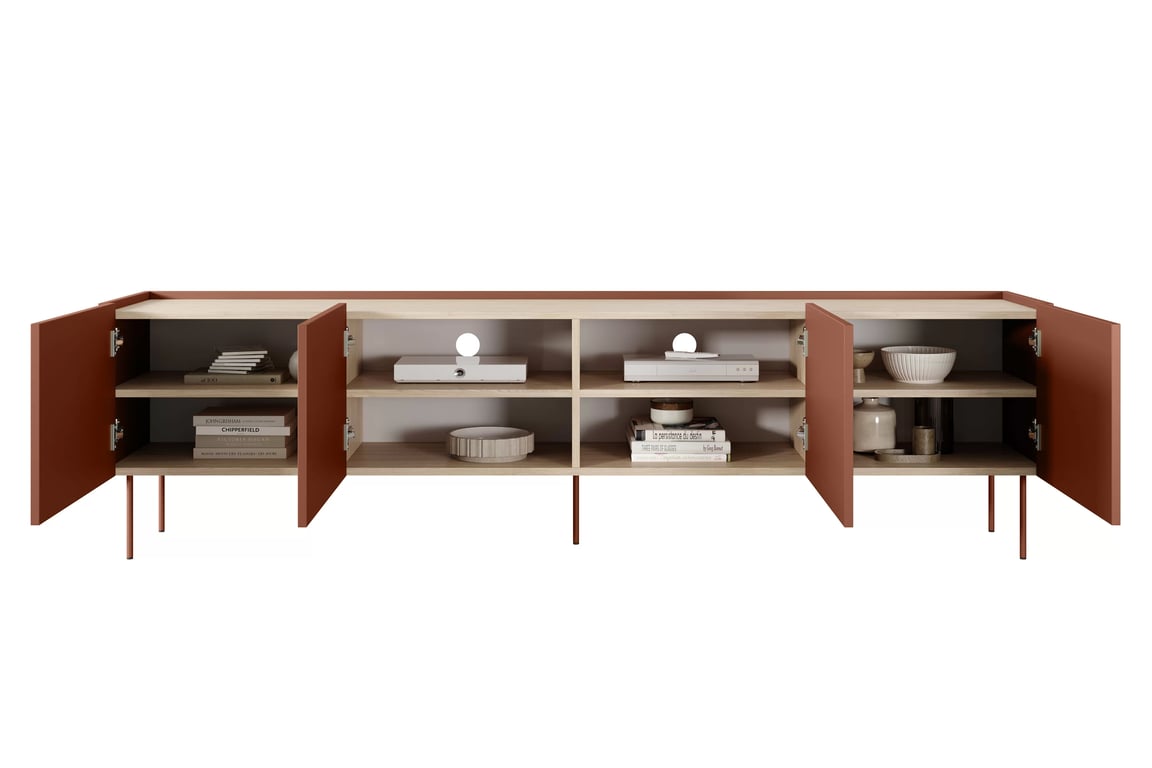 Dulap TV Desin 220 cm cu picioare metalice - ceramica rosu / stejar nagano Dulap TV Desin 220 cm z metalowymi nogami - ceramic red / stejar nagano
