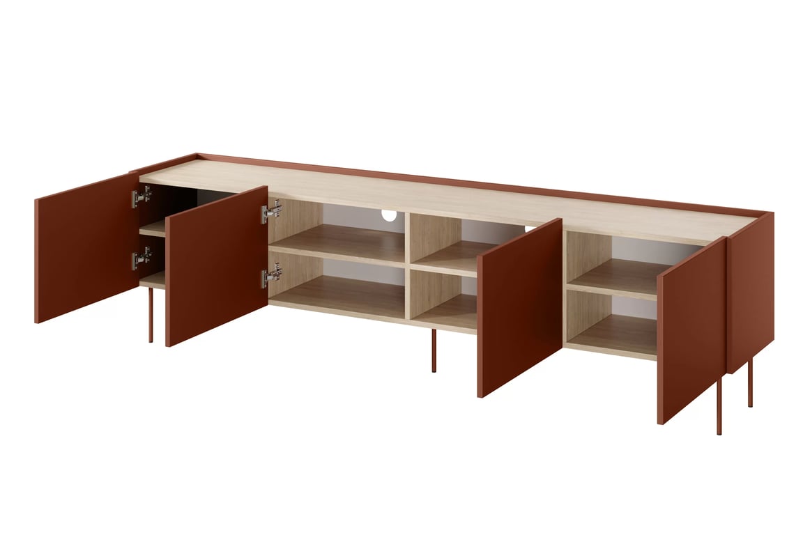 Dulap TV Desin 220 cm cu picioare metalice - ceramica rosu / stejar nagano Dulap TV Desin 220 cm z metalowymi nogami - ceramic red / stejar nagano