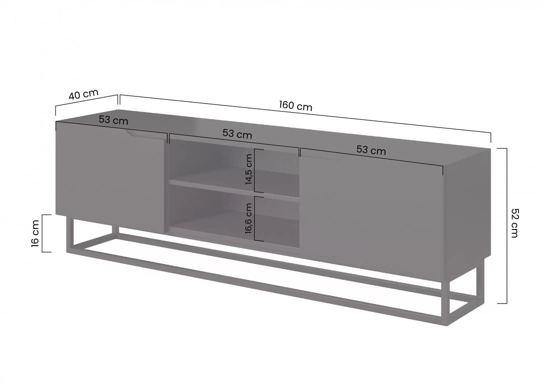 TV stolek Loftia Mini 160 cm s přihrádkami na kovové konstrukci – černý / černý mat skříňka RTV Loftia Mini 160 cm na metalowym stelazu - černá mat