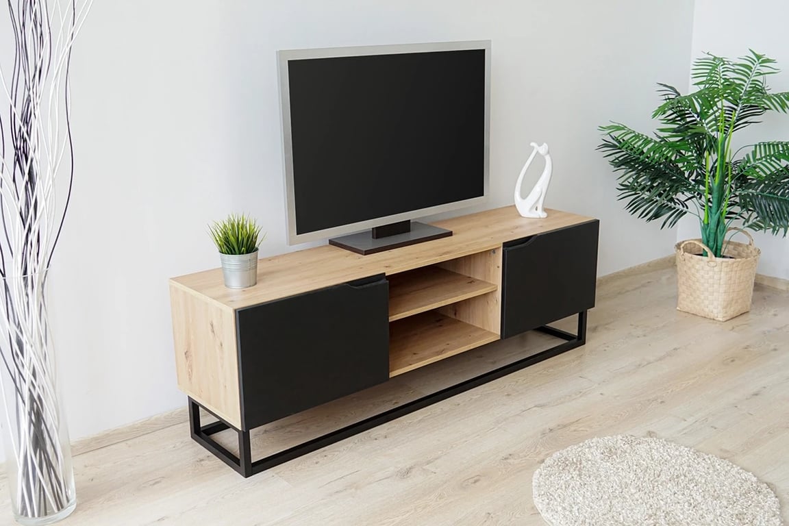 TV stolek Loftia Mini 160 cm - dub artisan / černý mat Skříňka tv na kovovém podstavci Doze Mini