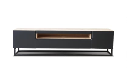 Comodă TV Loftia 200 cm cu nișă și cadru metalic – stejar artisan / negru mat Skříňka tv na kovových nohách