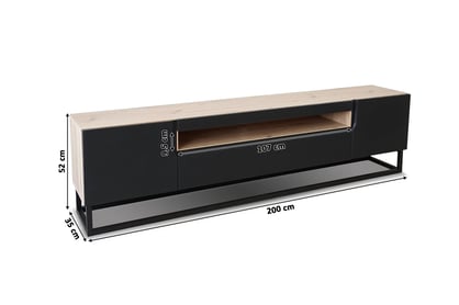 Comodă TV Loftia 200 cm cu nișă și cadru metalic – stejar artisan / negru mat podrobné rozměry