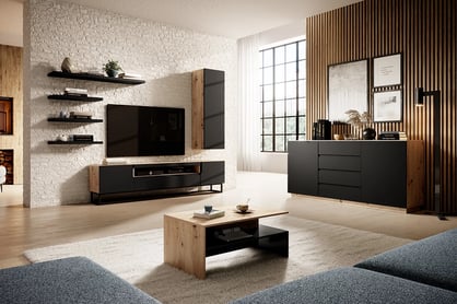 Comodă TV Loftia 200 cm cu nișă și cadru metalic – stejar artisan / negru mat Skříňka TV do obývacího pokoje