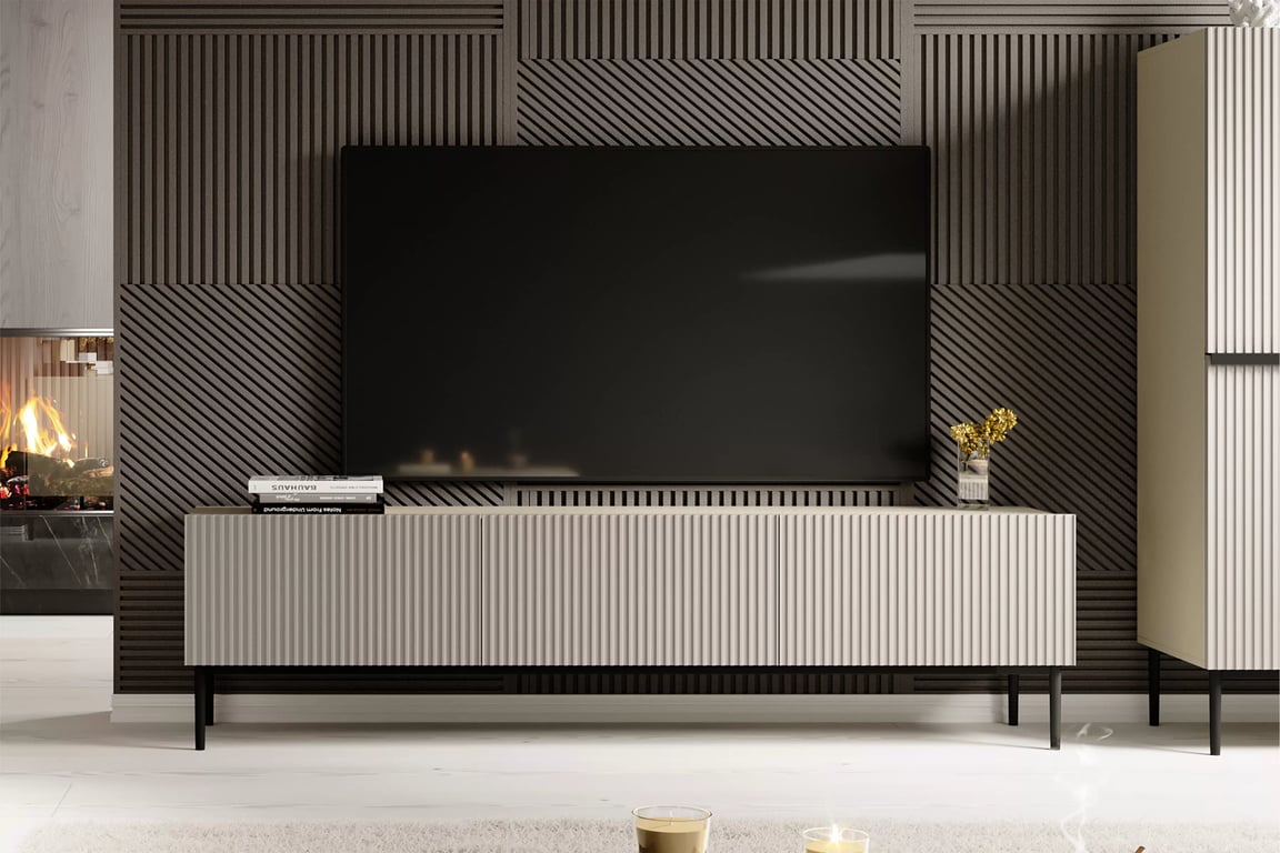 TV stolík Nicole 200 cm na kovových nohách so zásuvkou - kašmír / čierne nožičky TV skrinka Nicole 200 cm na kovových nohách z szuflada - kašmír / čierny nozki