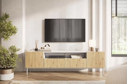 Nicole 200 cm-es TV-szekrény, nyitott polccal - fehér / artisan-tölgy/ fehér lábak Skříňka TV do obývacího pokoje