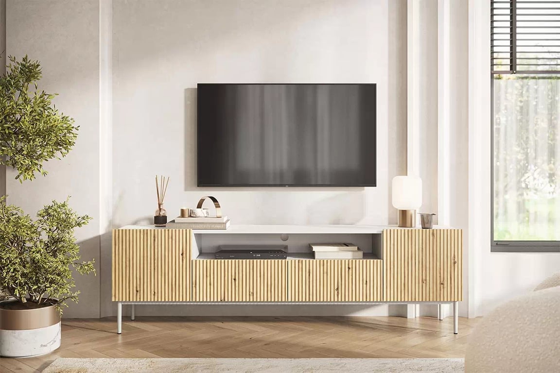 Nicole 200 cm-es TV-szekrény, nyitott polccal - fehér / artisan-tölgy/ fehér lábak Skříňka TV do obývacího pokoje
