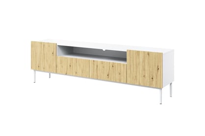 Nicole 200 cm-es TV-szekrény, nyitott polccal - fehér / artisan-tölgy/ fehér lábak Skříňka TV