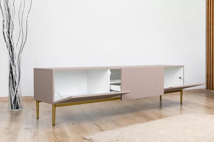 Nicole 200 cm-es TV-szekrény - antik rózsaszín MDF / arany lábak TV-szekrény Nicole z szuflada i metalowymi nogami - antik rozsaszín MDF / arany lábak