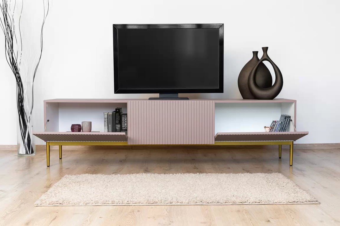 Nicole 200 cm-es TV-szekrény - antik rózsaszín MDF / arany lábak TV-szekrény Nicole z szuflada i metalowymi nogami - antik rozsaszín MDF / arany lábak