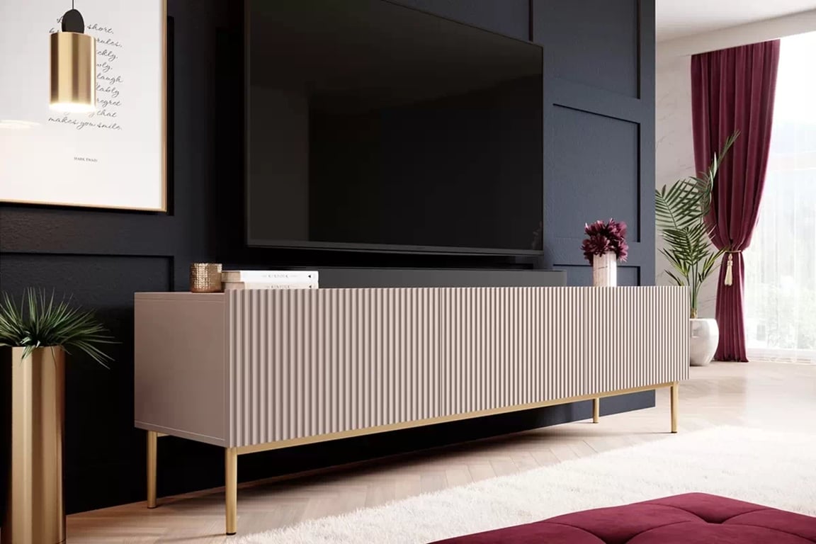 Nicole 200 cm-es TV-szekrény - antik rózsaszín MDF / arany lábak TV-szekrény Nicole z szuflada i metalowymi nogami - antik rozsaszín MDF / arany lábak