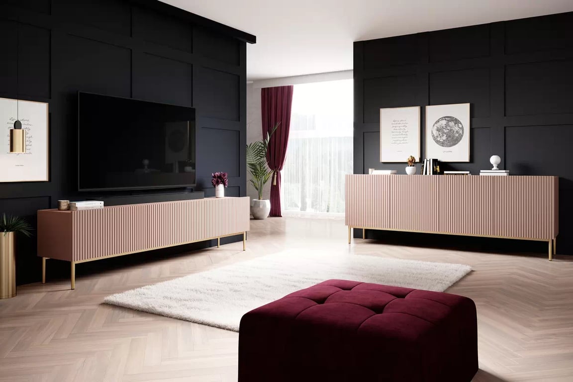 Nicole 200 cm-es TV-szekrény - antik rózsaszín MDF / arany lábak TV-szekrény Nicole z szuflada i metalowymi nogami - antik rozsaszín MDF / arany lábak