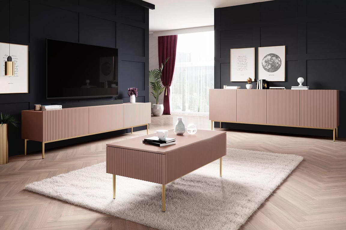 Nicole 200 cm-es TV-szekrény - antik rózsaszín MDF / arany lábak TV-szekrény Nicole z szuflada i metalowymi nogami - antik rozsaszín MDF / arany lábak