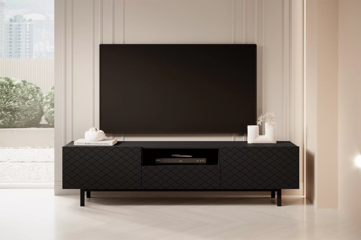 Scalia II 190 2K1SZ TV-szekrény nyitott polccal - fekete matt / fekete lábak TV-szekrény Scalia II 190 2K1SZ z wneka - matt fekete / fekete stelaz