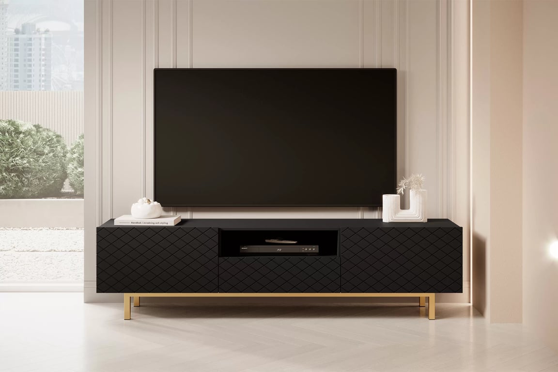 Scalia II 190 2K1SZ TV-szekrény nyitott polccal - matt fekete / arany lábak TV-szekrény Scalia II 190 2K1SZ z wneka - matt fekete / aranysárga stelaz
