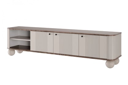 TV stolek Vesper 3D 187 cm - kašmírový / dekor ořech / černé úchytky / kulaté nožky kašmír