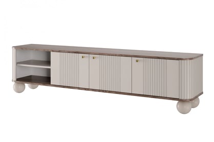 TV stolek Vesper 3D 187 cm - kašmírový / dekor ořech / zlaté úchytky / kulaté nožky kašmír