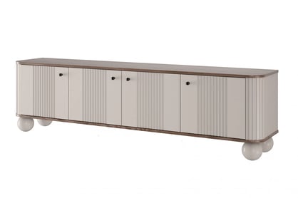 TV stolek Vesper 4D 187 cm - kašmírový / dekor ořech / černé úchytky / kulaté kašmírové nožky
