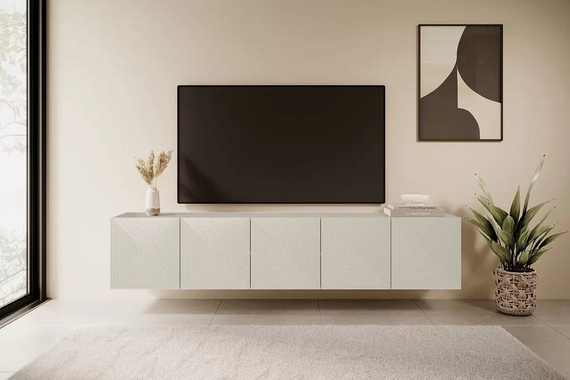 Comodă TV suspendată Asha 200 cm, partea frontală riflat – cashmere Dulap TV suspendat Asha 200 cm z ryflowanym frontem - cașmir