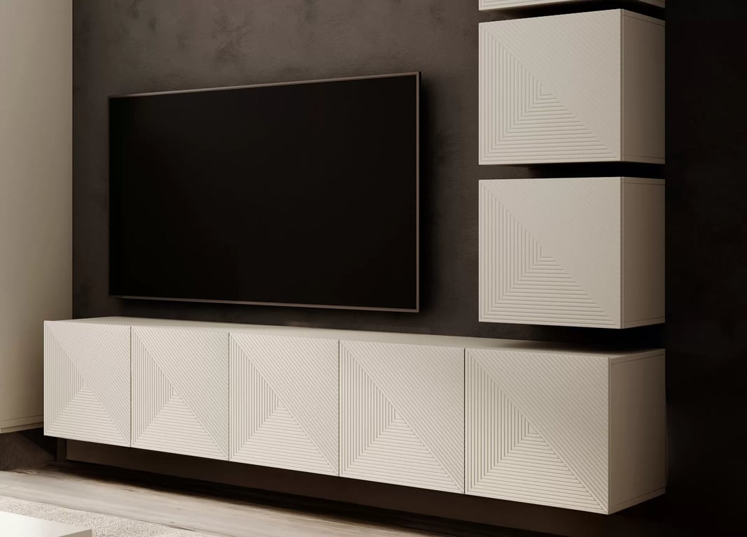 Comodă TV suspendată Asha 200 cm, partea frontală riflat – cashmere Dulap TV suspendat Asha 200 cm z ryflowanym frontem - cașmir