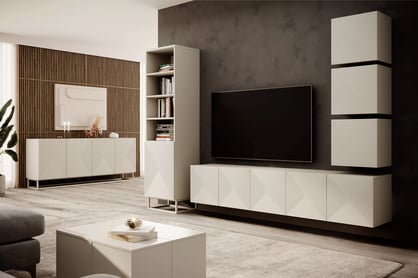 Comodă TV suspendată Asha 200 cm, partea frontală riflat – cashmere Dulap TV suspendat Asha 200 cm z ryflowanym frontem - cașmir
