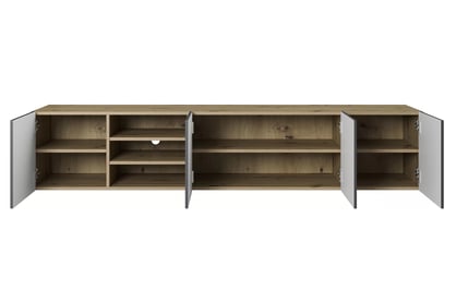 Závesná TV skrinka Asha 200 cm s ryhovaným čelom a výklenkom - dub artisan / rivier stone mat TV skrinka závesná Asha 200 cm s frézovaným frontom i wneka - artisan / rivier stone mat