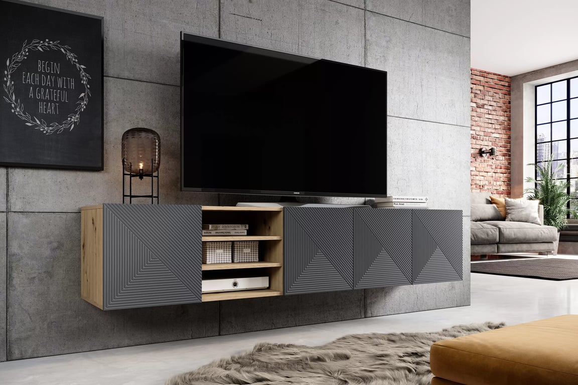 Závesná TV skrinka Asha 200 cm s ryhovaným čelom a výklenkom - dub artisan / rivier stone mat TV skrinka závesná Asha 200 cm s frézovaným frontom i wneka - artisan / rivier stone mat