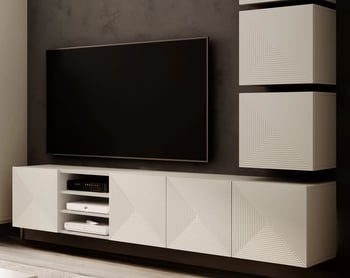 Comodă TV suspendată Asha 200 cm, cu partea frontală riflat și nișă – cashmere Dulap TV suspendat Asha 200 cm z ryflowanym frontem i wneka - cașmir