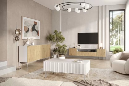 Nicole 200 cm-es fali TV-szekrény, nyitott polccal - fehér / artisan-tölgy Skříňka s otevřeným výklenkem