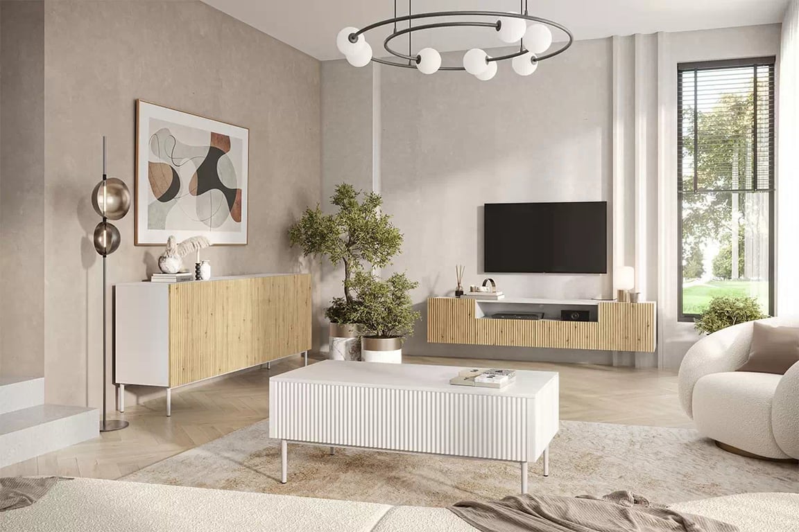 Nicole 200 cm-es fali TV-szekrény, nyitott polccal - fehér / artisan-tölgy Skříňka s otevřeným výklenkem