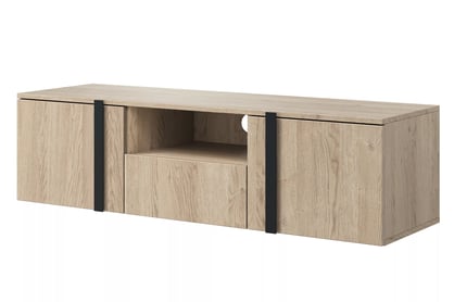 Verica 150 cm-es TV-szekrény, falra szerelhető, nyitott polccal - szivacsos-tölgy / fekete fogantyúk